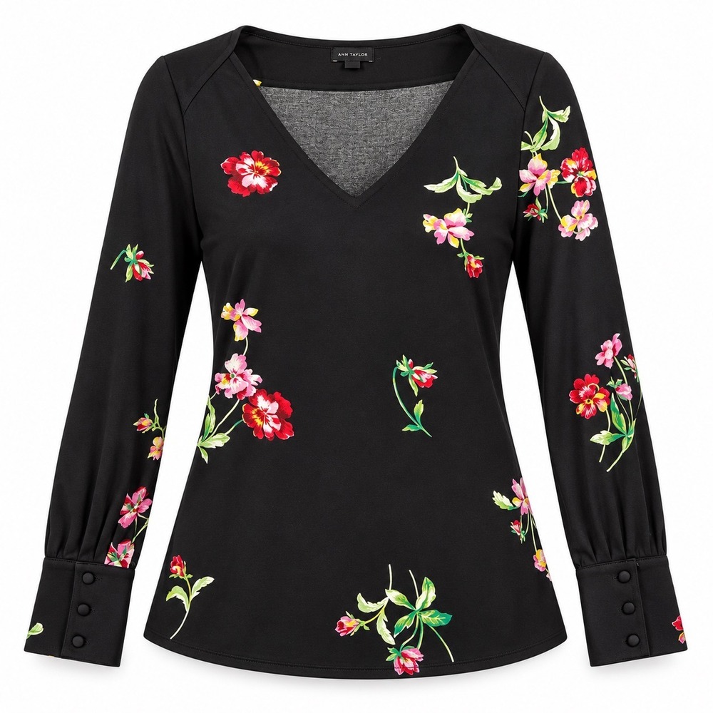 Ann Taylor Womens Black Floral V-Neck Long Sleeve Top with Button Cuffs Size S